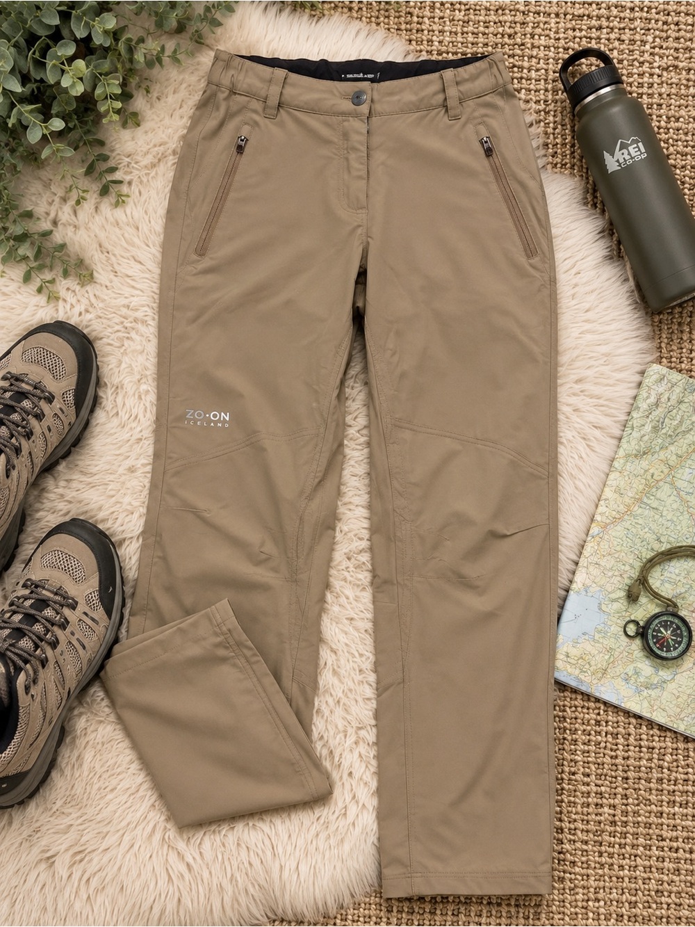 ZO ON Iceland Beige Softshell Hiking Travel Pants Stretch Zip Pocket 12